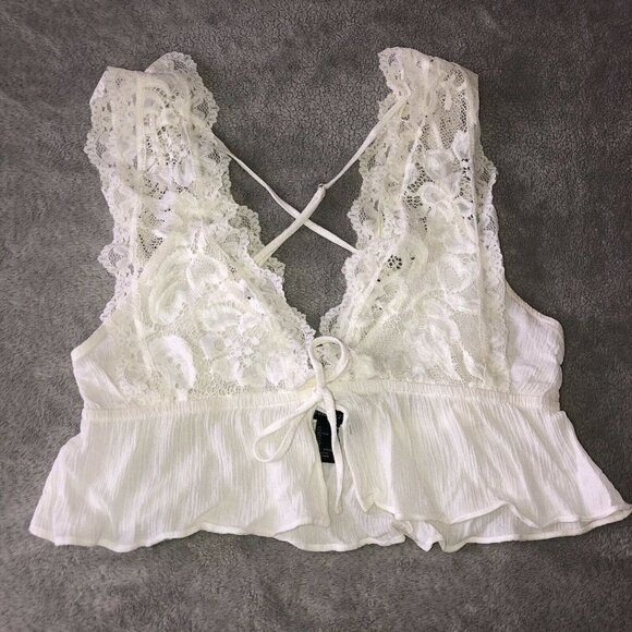 FOREVER 21  Ivory Lace Overlay Adjustable Straps Bralette Top Sz S - Picture 2 of 10